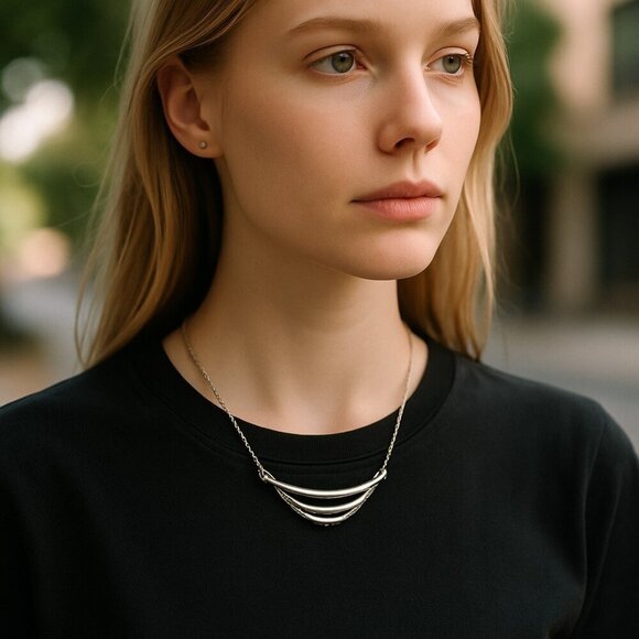 Trifari Necklace Silver Tone Triple Bar Bib Style Signed - Picture 1 of 4